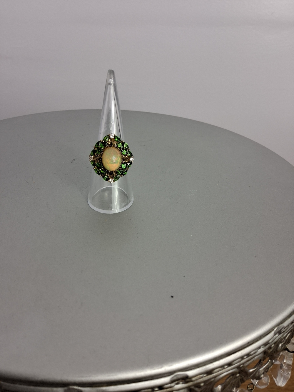 Vermil Over 925Silver Opal Cabochon Statement Ring With Garnets SignedDP Size7.5